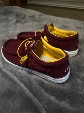 Hey Dude Mens Maroon Slip-On Sneakers with Yellow Interior Size 9